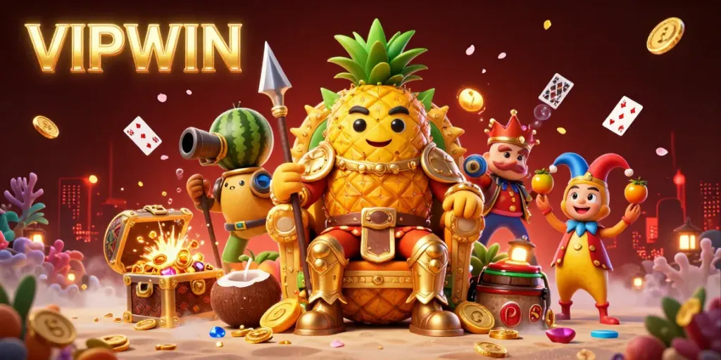 Experience the thrill of VIPWIN through an exciting 3D casino illustration with vibrant characters and game elements.