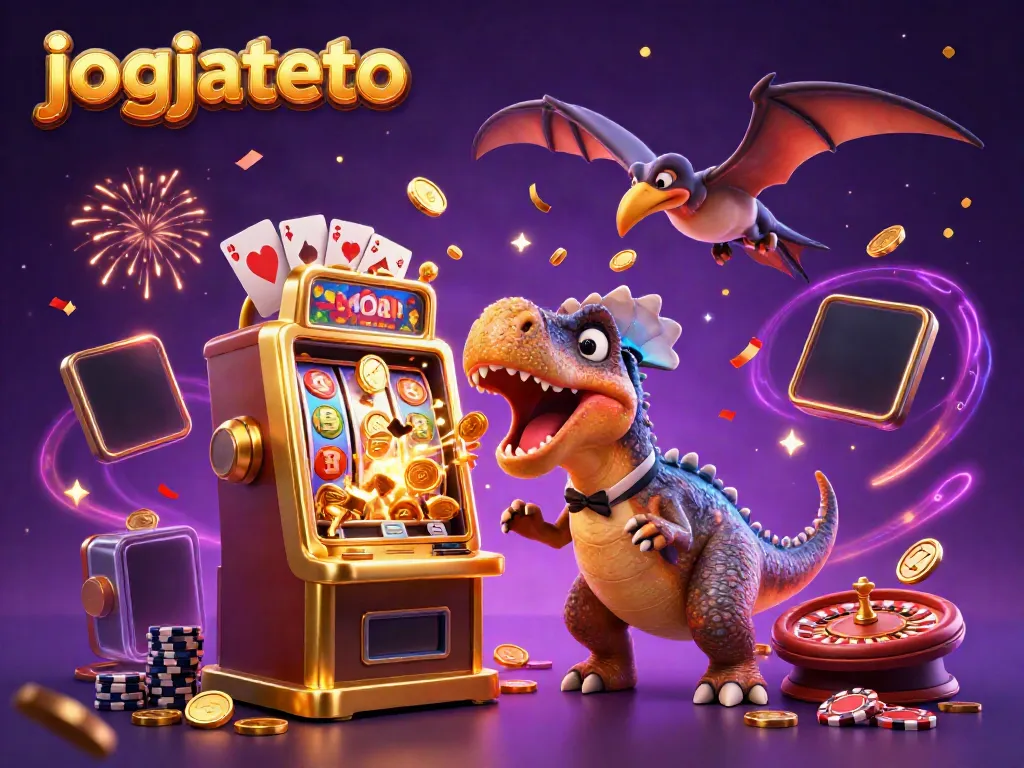 Experience the thrilling jogjatoto scene with a dinosaur, casino manager, and coins flying everywhere during a jackpot