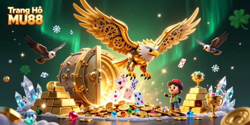Engage in thrilling gameplay at Trang Chủ MU88, featuring a dynamic 3D illustration with holographic cards.
