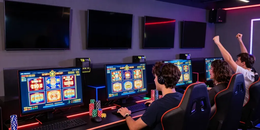 BUKUMIMPI138: Pemain slot berkumpul di lounge game dengan monitor menampilkan permainan, suasana meriah dan penuh energi.