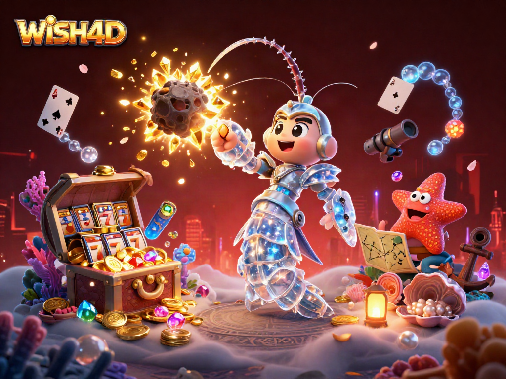 Join the thrilling adventure of WISH4D as the galactic samurai mantis shrimp battles through a treasure-filled asteroid!