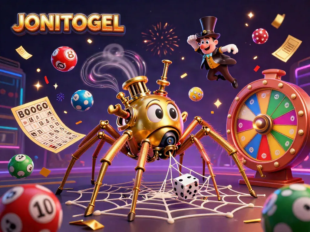 Catch the thrill of JONITOGEL with a golden spider webbing luck and excitement in a vibrant casino scene.