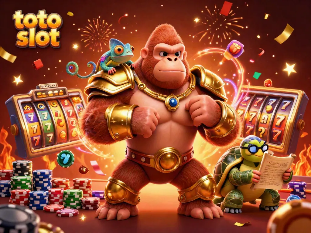 Experience the thrilling action of toto slot with a vibrant casino scene featuring a powerful gorilla, chameleon, and tortoise.