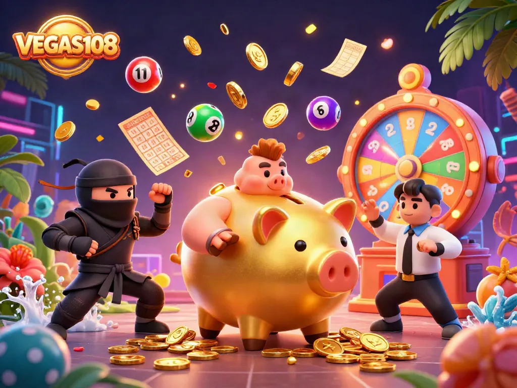 Menangkan hadiah menarik dengan VEGAS108 dalam ilustrasi kasino penuh warna dan dinamis.