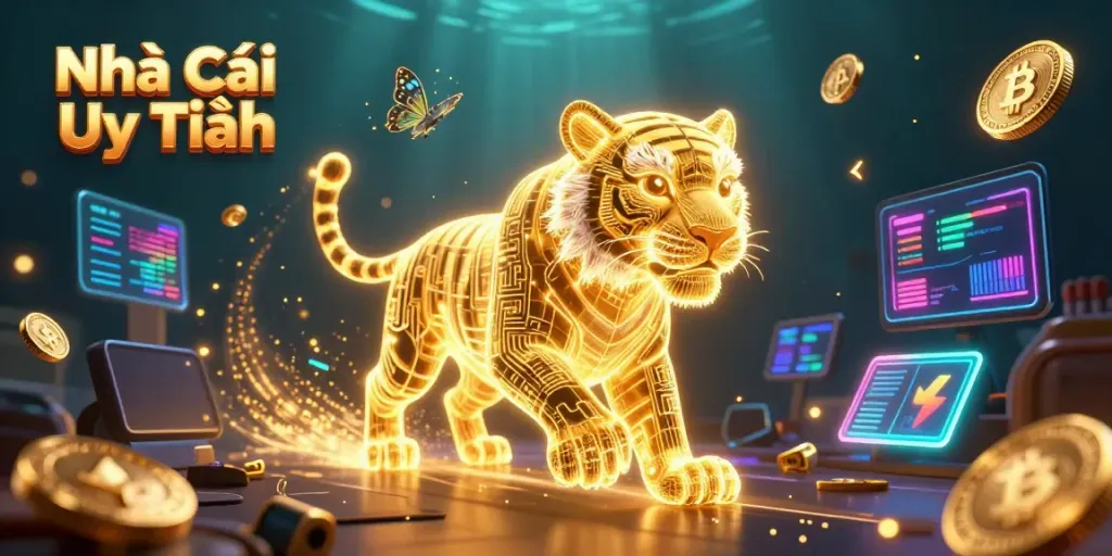 Engage with Nhà Cái Uy Tín in a vibrant 3D casino scene featuring a golden tiger and crypto elements.
