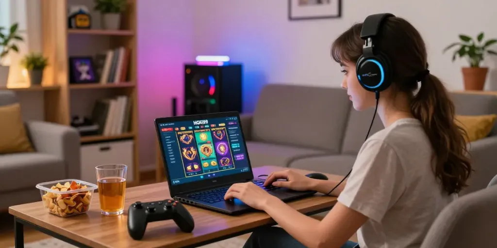 Gamer menikmati pengalaman bermain hoki99 di ruang tamu yang nyaman