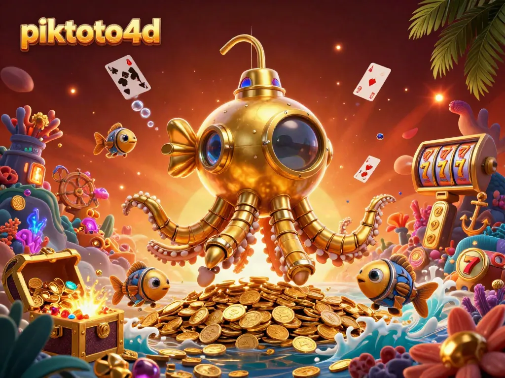 Experience excitement with piktoto4d, featuring a golden kraken submarine amidst gold coins and slot elements.