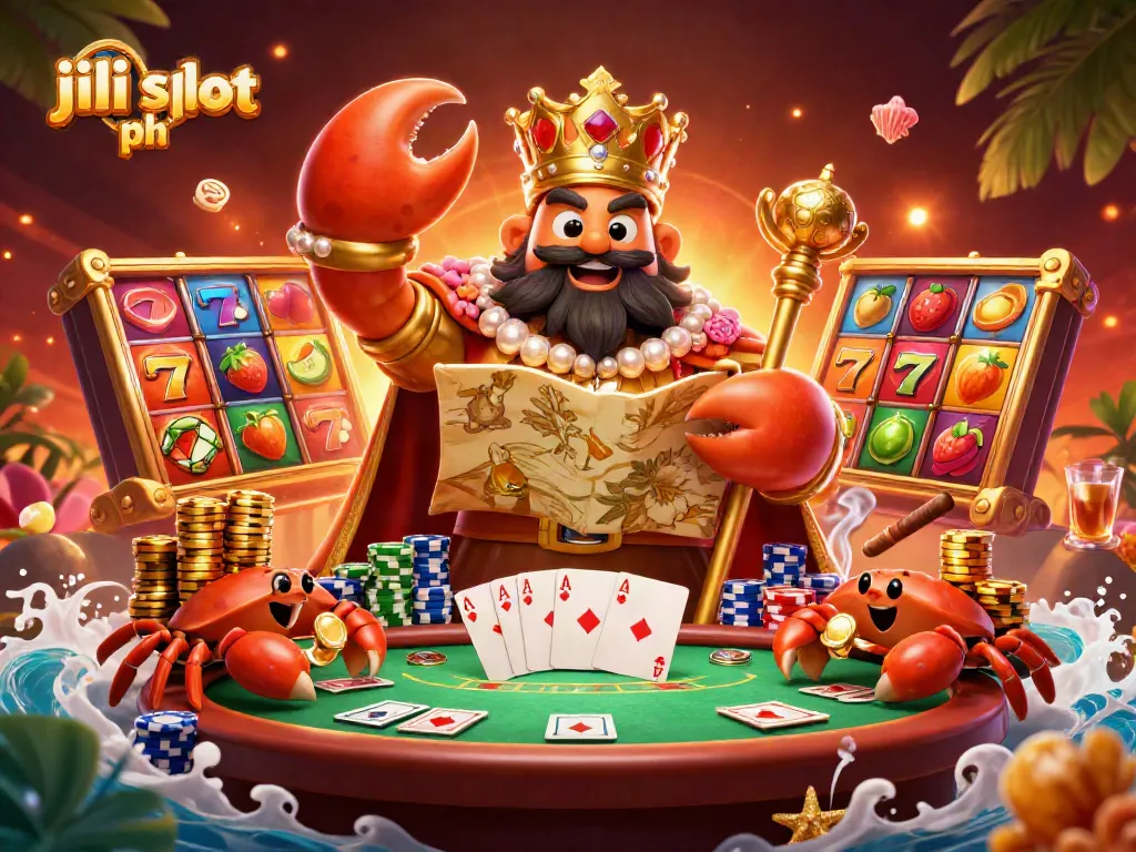 Experience the jili slot ph excitement with a golden crab emperor surrounded by vibrant slot reels and poker chips.