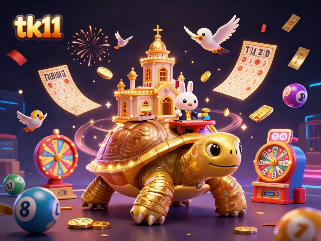 Experience excitement with tk11 in a vibrant casino-themed digital illustration featuring animated characters and gaming elements.