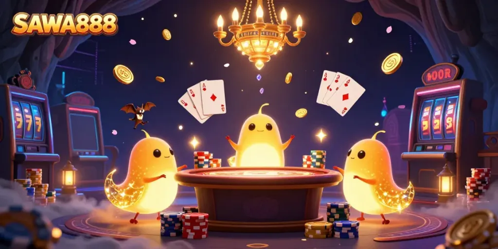 Experience the vibrant SAWA888 casino atmosphere lit by glowing cartoon characters, featuring dynamic gaming elements.