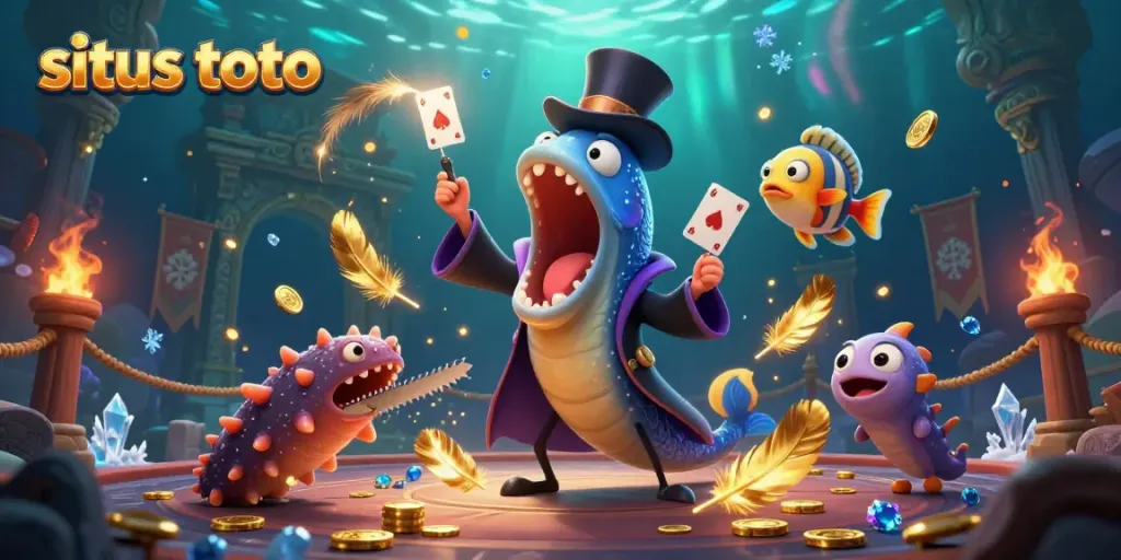 Exciting 3D illustration showcasing a bioluminescent eel performing card tricks at situs toto, with casino elements and an enchanting underwater background.