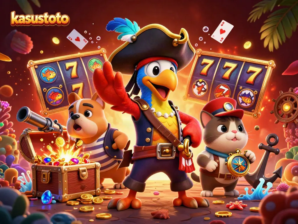 Kasustoto: Ilustrasi 3D animasi yang menampilkan karakter menarik bermain slot dengan suasana ceria dan penuh warna.