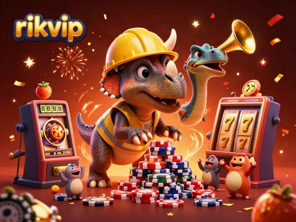 Experience the thrill of rikvip with a vibrant casino-themed celebration featuring charming dinosaurs.