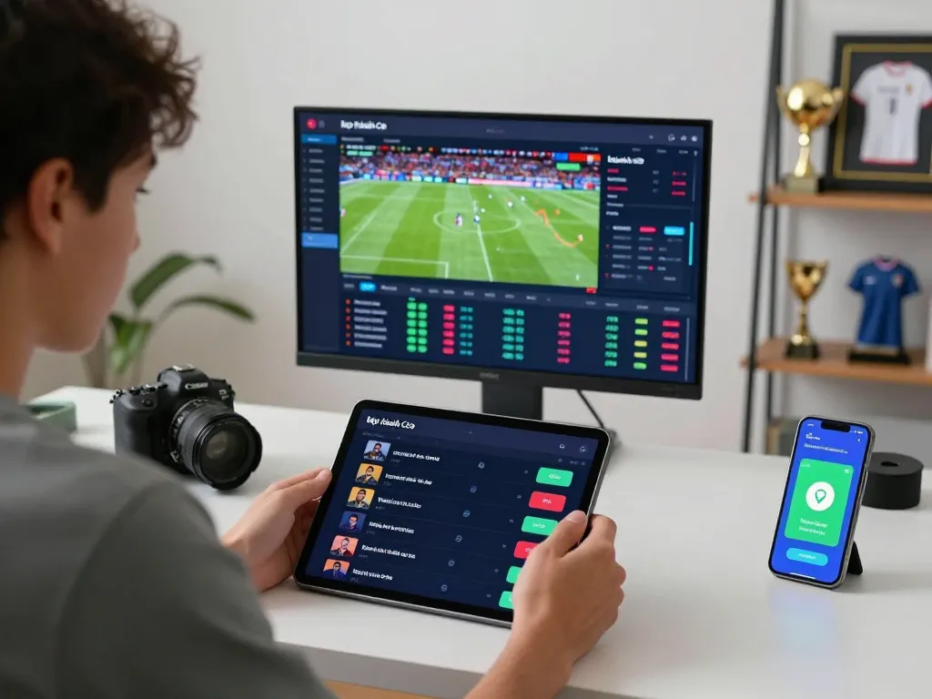 Engaging user analyzing kèo nhà cái odds on a modern tablet during live sports betting