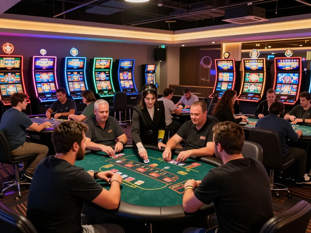 Hitclub players enjoying dynamic casino games, colorful lights illuminating the vibrant atmosphere.