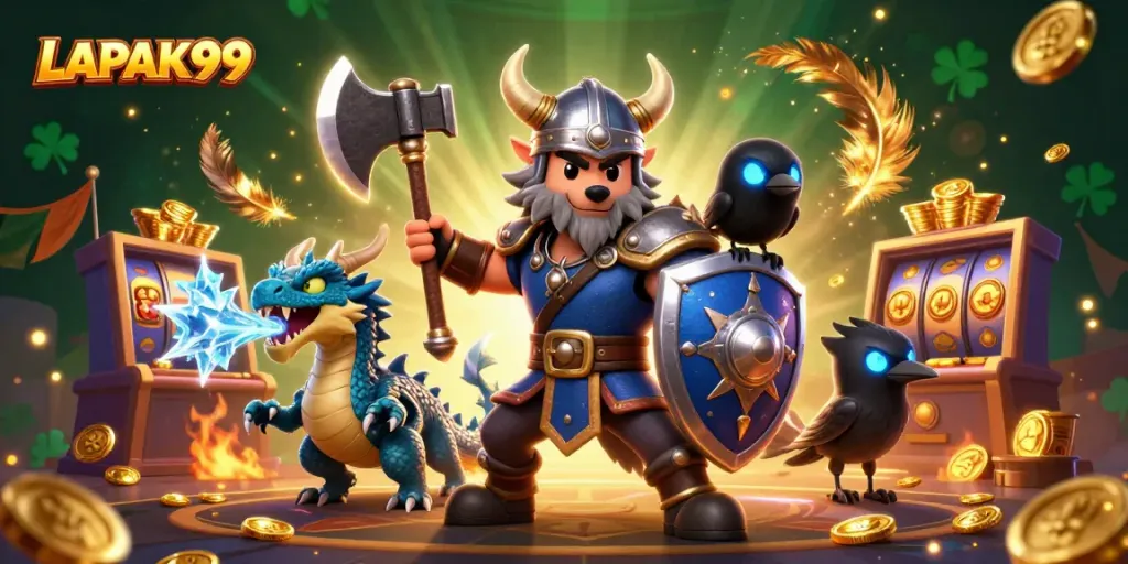 LAPAK99 showcases an epic Viking wolf warrior alongside a fierce dragon in a dynamic casino setting.