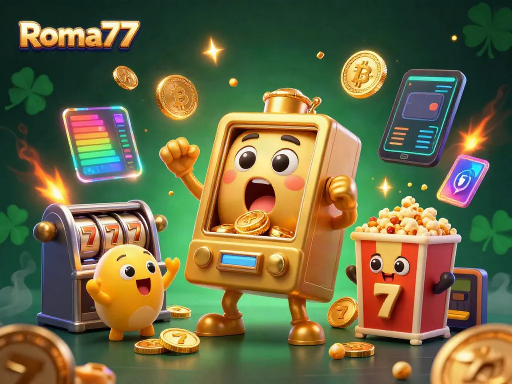 Experience thrilling jackpots with Roma77's lively slot machines bursting coins in a luxurious casino environment.