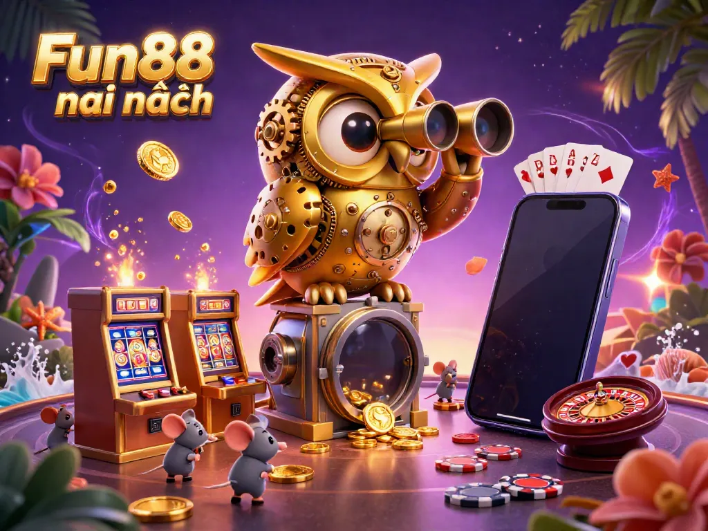 Experience the Fun88 mới nhất with vibrant casino games and golden owl characters on a dynamic casino floor.