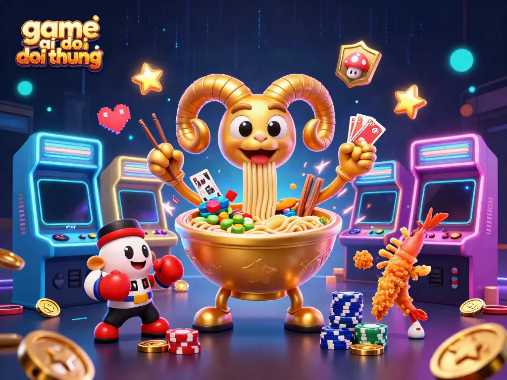 Fantasy scene of game bai doi thuong featuring a giant ramen bowl character dealing cards with vibrant casino elements.