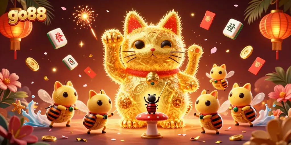 Experience the vibrant energy of go88 in this enchanting 3D illustration featuring a lucky cat and dynamic casino elements.