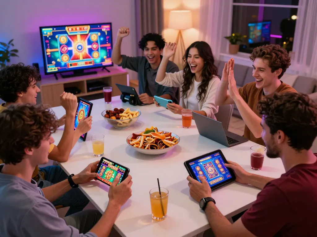 Players celebrate big wins while gaming on LGOSUPER slot machines in a lively online party atmosphere.