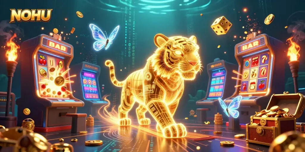 Win big with NOHU in a vibrant digital casino scene featuring a neon tiger and overflowing slots.