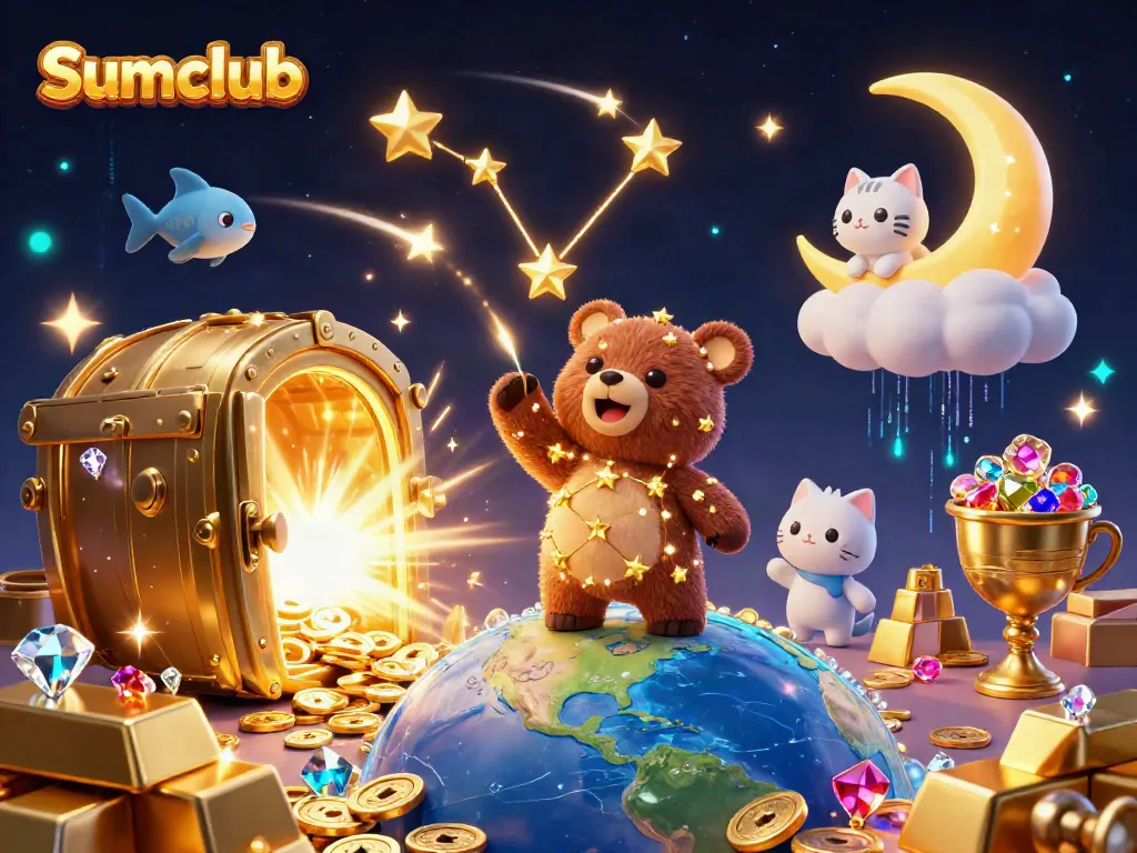Immerse in Sumclub's vibrant 3D casino world, featuring golden treasures and animated characters.