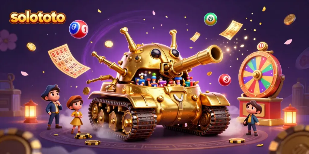 Menangkan hadiah besar dengan solototo di kasino mini dalam tank emas, dikelilingi bola lotre berwarna.