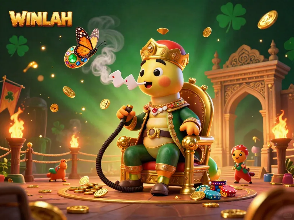 Experience the thrill of WINLAH casino with an imaginative 3D illustration showcasing a magical scene filled with gaming symbols.