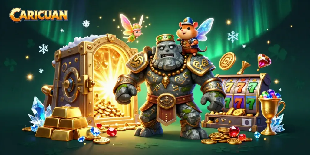 CARICUAN brings luck with a magical golem, fairy, and hamster knight amidst slot elements and treasures