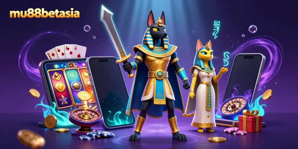 Experience thrilling slots with mu88betasia in an ancient Egyptian casino scene filled with excitement.