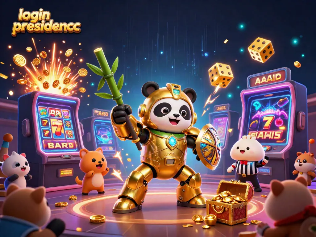 Experience the excitement of login presidencc with a colorful 3D casino illustration full of vibrant characters and elements.