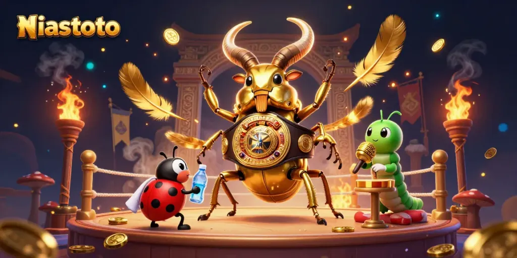 Giant golden stag beetle boxing for niastoto, showcasing vibrant gambling elements and dynamic action