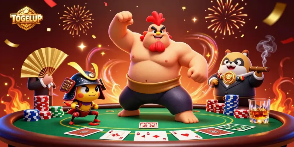 Engage in exciting poker action with TOGELUP as a sumo wrestler, cricket, and tanuki animate the scene.