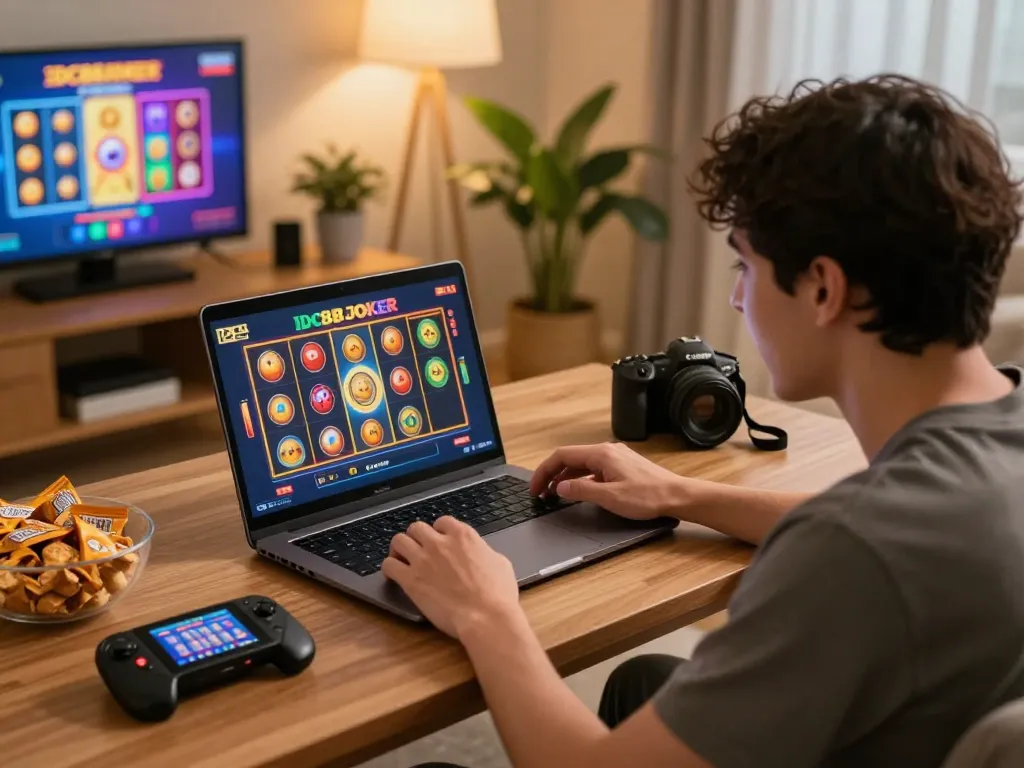 Engaging with IDC88JOKER slot games at home showcasing dynamic online gaming.