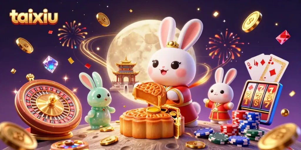 Experience thrill in taixiu as the moon rabbit reveals poker chips inside golden mooncakes.