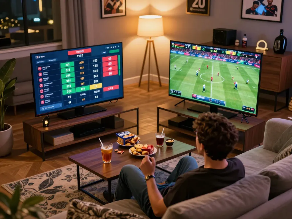 Betting enthusiast engaged in exciting DH88 sports betting at home, analyzing live odds and matches.