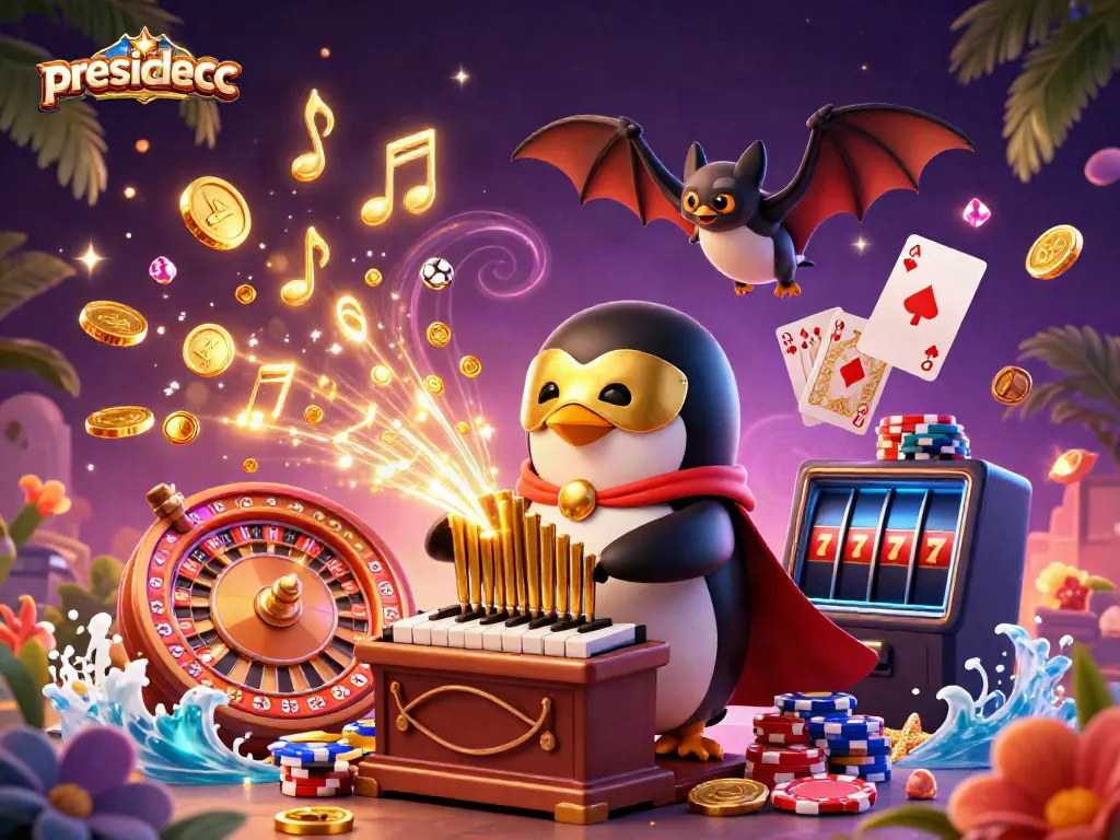 presidencc offers a dynamic casino scene with golden coins and a winning penguin playing the organ, captivating online gamblers.