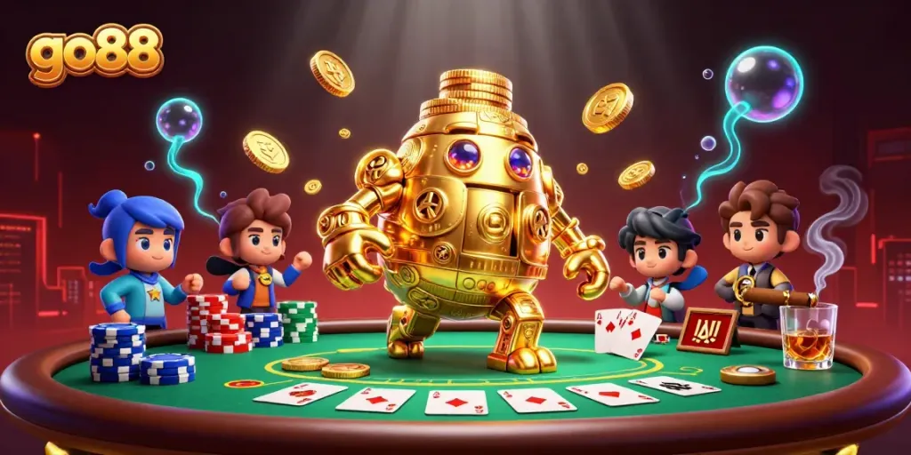 Trải nghiệm thú vị tại go88 với golem vàng lấp lánh trong không gian casino trực tuyến hấp dẫn.