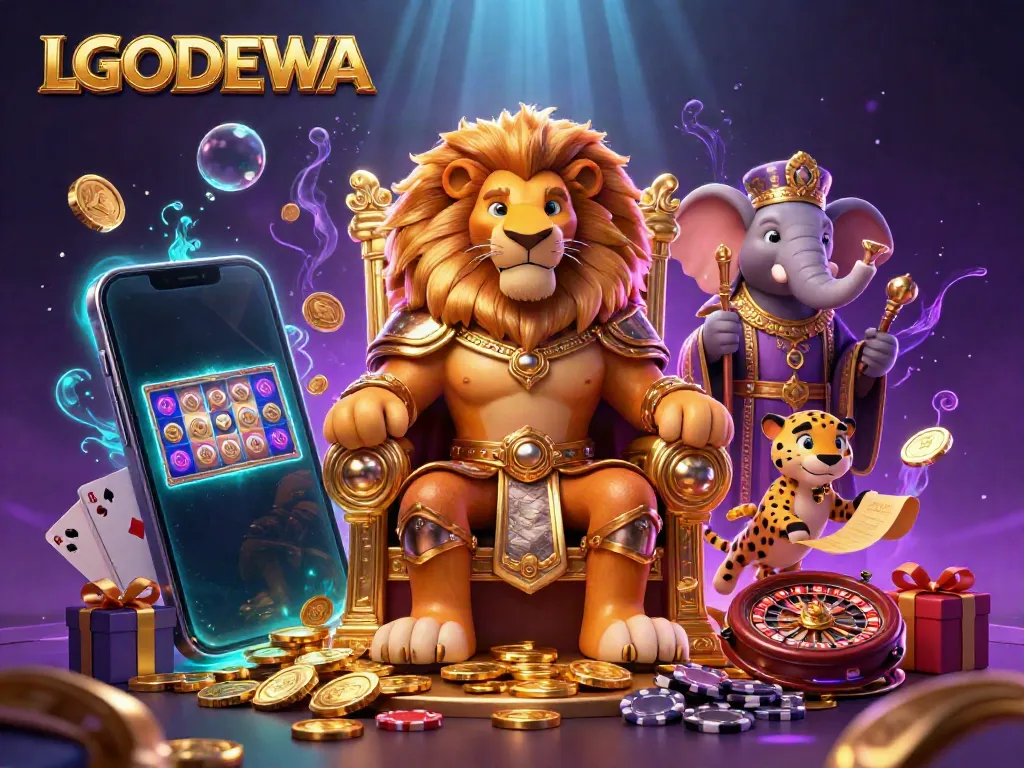 Engage with LGODEWA's vibrant gaming realm, featuring a lion king, elephant advisor, and cheetah messenger amidst dazzling casino elements.