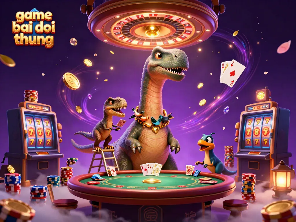 Experience game bai doi thuong with a sprawling casino scene featuring exciting elements like a brontosaurus and dynamic card dealing.