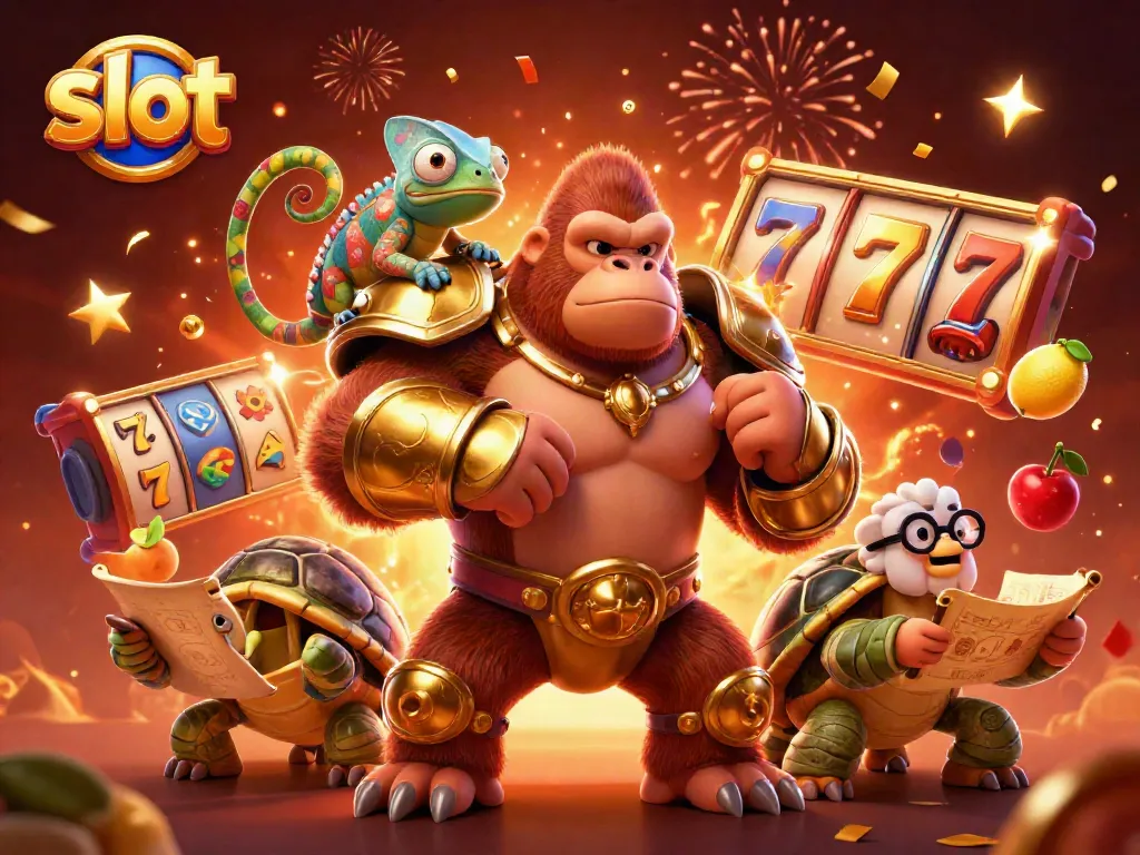 Slot gacor yang menarik dengan karakter animasi menarik dan elemen kemenangan mengelilingi mereka.