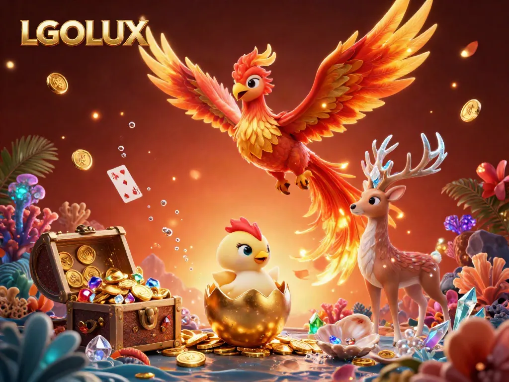 Experience the vibrant gaming world of LGOLUX with its iconic phoenix and treasure elements in a lively casino atmosphere.