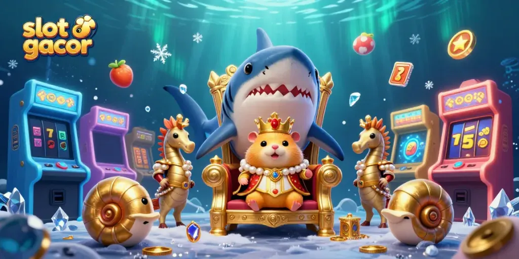Permainan slot gacor dengan raja hamster emas dan penjaga kuda laut di latar belakang cahaya aurora.