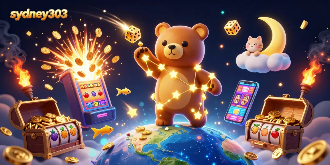 Visualisasi sydney303 yang menunjukkan beruang bintang mengumpulkan koin dari jackpot slot di langit malam.