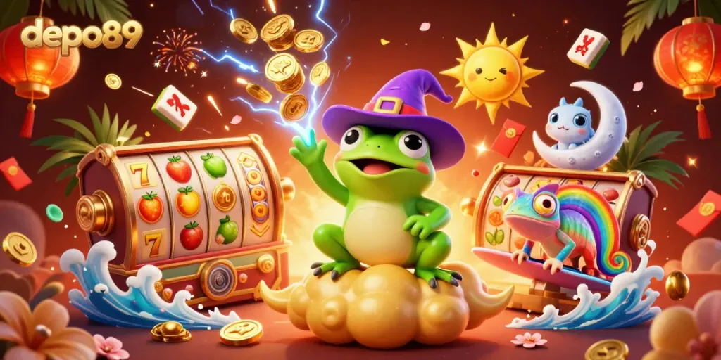 Experience the magic of depo89 with a whimsical scene of a frog and chameleon amidst gold coins, slot symbols, and mystical elements.