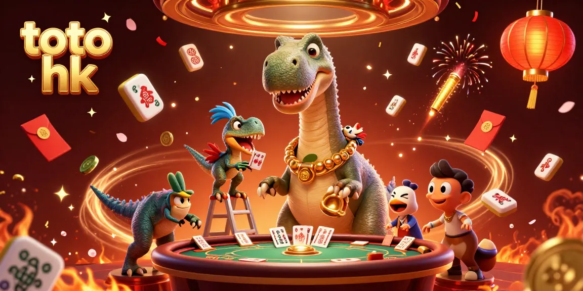 Gambar toto hk menampilkan brontosaurus raksasa di kasino, memperlihatkan permainan kartu yang menarik.