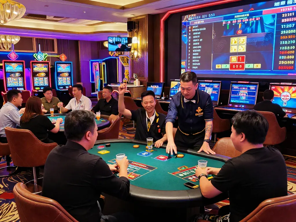 Exciting Bandar Togel game scene in a lively online casino environment with players celebrating wins.