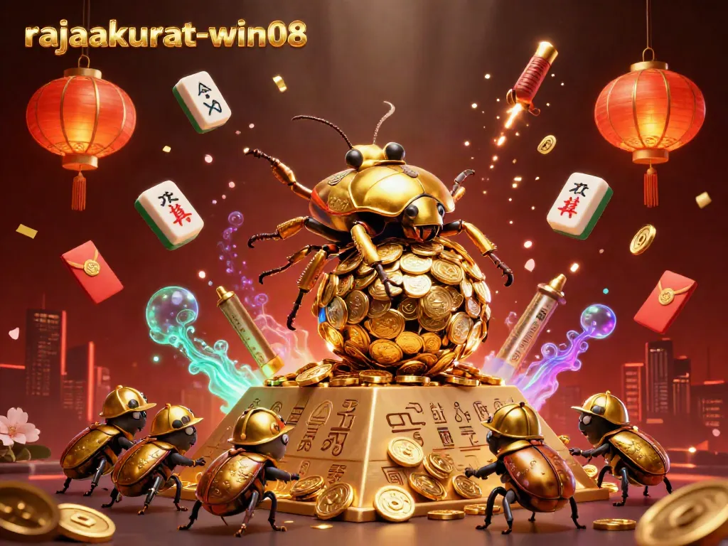 Play slots effortlessly with rajaakurat-win08, featuring golden beetles and symbols in a vibrant casino scene.