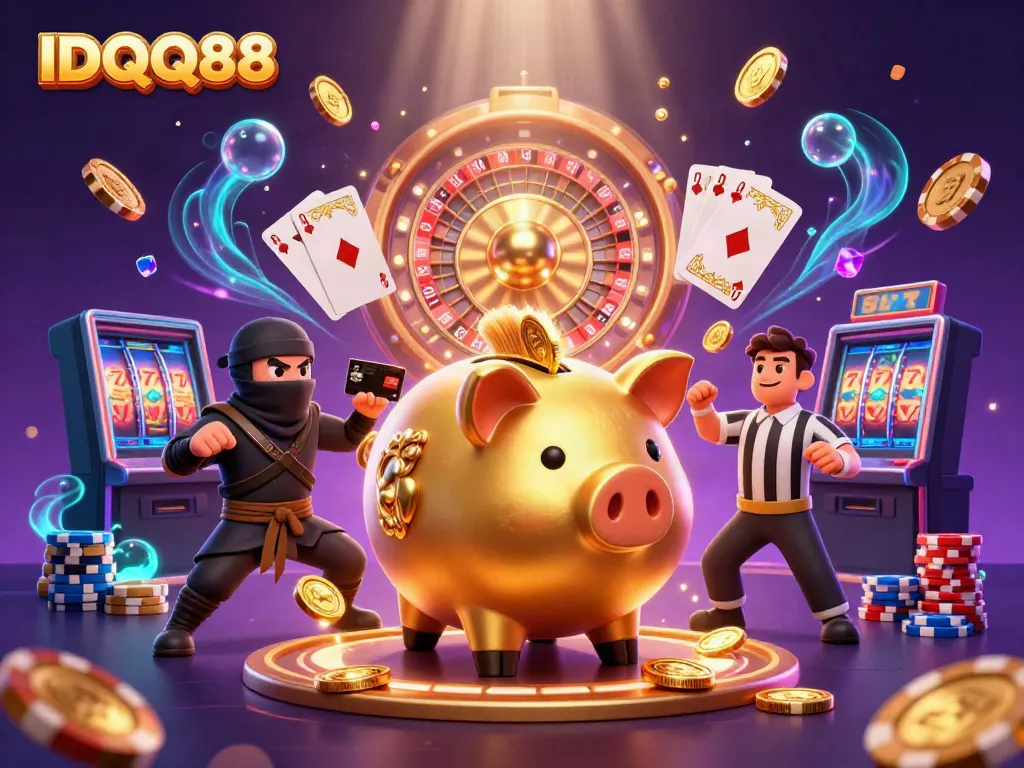 Engage in exciting gameplay with IDQQ88, featuring vibrant 3D illustrations of a golden piggy bank sumo wrestler.